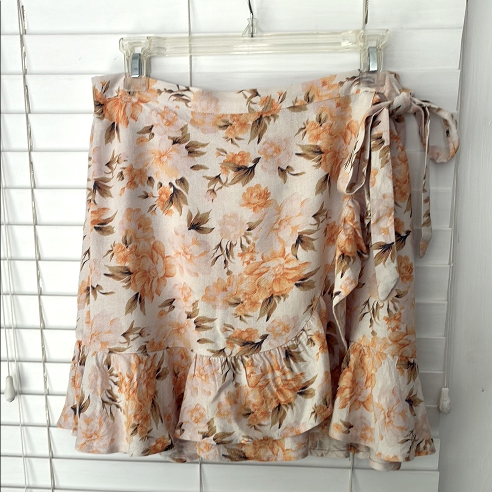 American Eagle Outfitters Faux Wrap Skirt Floral Cream Orange Linen SZ M NWT